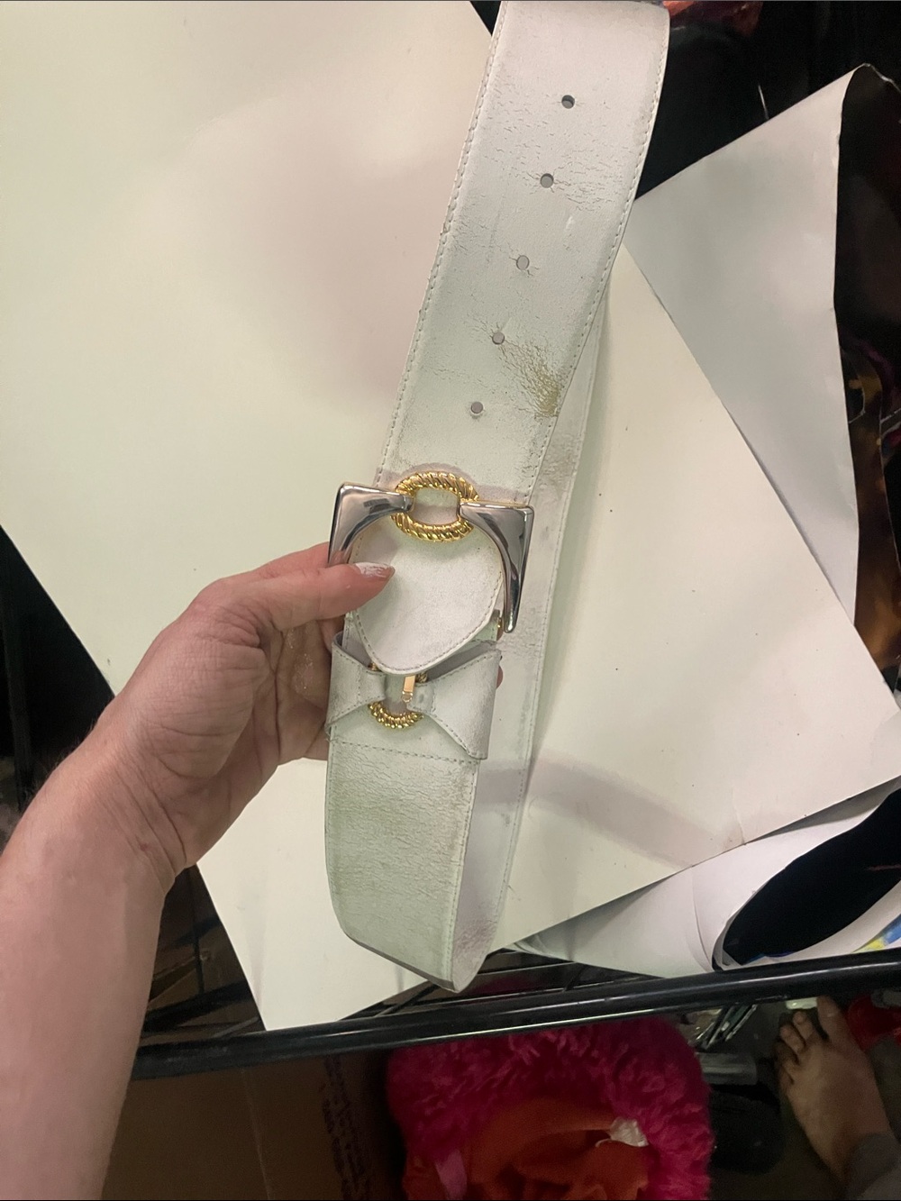 Christian Dior White Women's Leather Waist Belt with Gold & Silver Buckle